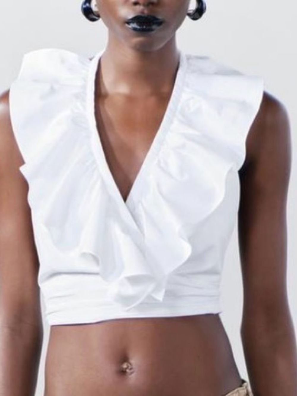 Zara White Ruffle V-Neck Crop Halter Top